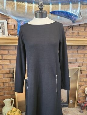 GAP Classic Black Long-Sleeve Shift Dress Sweater Dress Soft Cozy Zipper Pockets